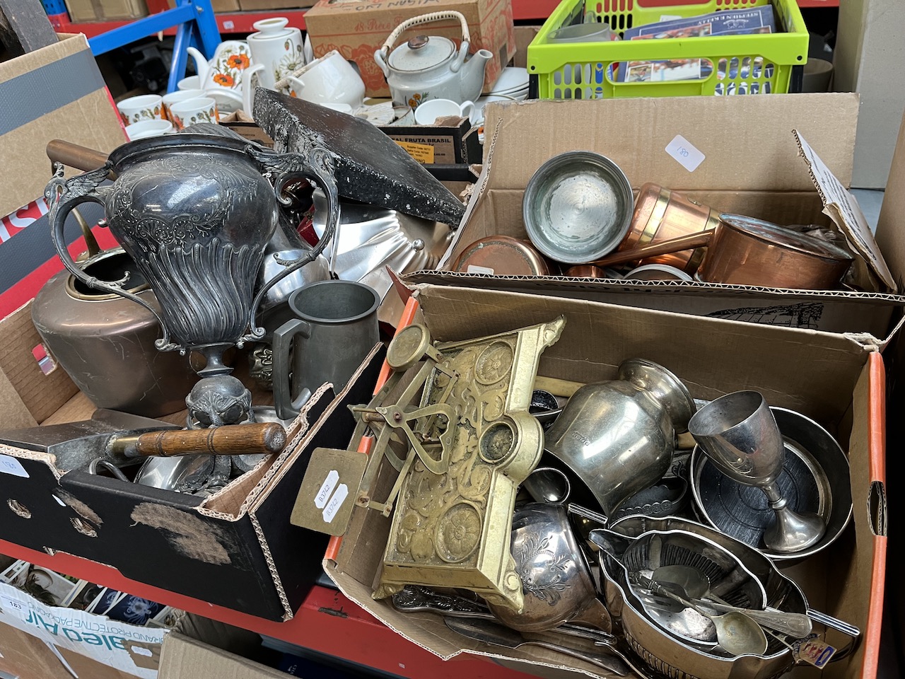 3 boxes of metalware to include copper, brass, platedware, pewter, etc.