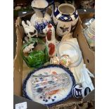 A mixed lot inclding Welsh Guadi, leather gloves, pottery dog, glassware etc.