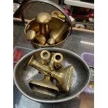 Assorted metal ware comprising a set of Avery bell weights, a pair of Georgian brass push