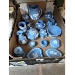 A box of assorted Wedgwood blue and white Jasper ware including coffee cans, vases etc.