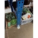 A box of teapots and a box of mixed green ceramics.