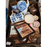 A box of antique ceramics to include tiles and pearlware etc.