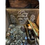 A box of metalware including brass, silver plate etc.