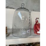 A large vintage glass dome with etching, height 30cm.