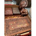 3 vintage carved wood boxes & one Sorrento Ware box and a Balinese carved bust.