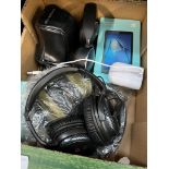 A box of mixed electricals including Nintendo DS, Olympus OM10 camera, Huawei MediaPad, headphones