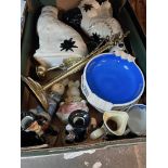 A box of mixed ceramics and collectables including Staffordshire style dogs, Guinness ashtray,