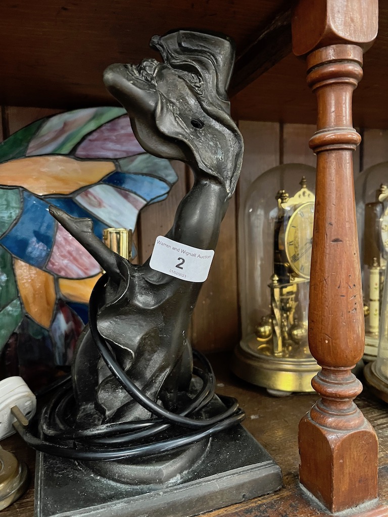 An Art Deco style lamp modelled as a lady with leaded glass butterfly wings - missing bust / head.