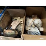 2 boxes of china, ornaments, metalware, etc.