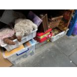 4 boxes + 1 basket of various items including toys, costume jewellery, a cash box, pottery, a