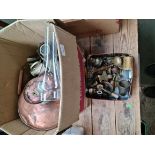 A box and a tin box of misc metalware to include brass, copper, two paraffin lamps, etc.