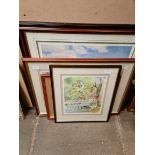 Three original watercolours and golfing print after Peter Munro, all framed and glazed.