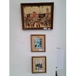 After L S Lowry, 3 small prints, 29cm x 22cm, 8.5cm x 12cm, 8.5cm x 12cm, 2 glazed, all framed