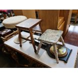 Three vintage stools and a barometer.