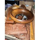 A box of treen including bowls, carved figures etc