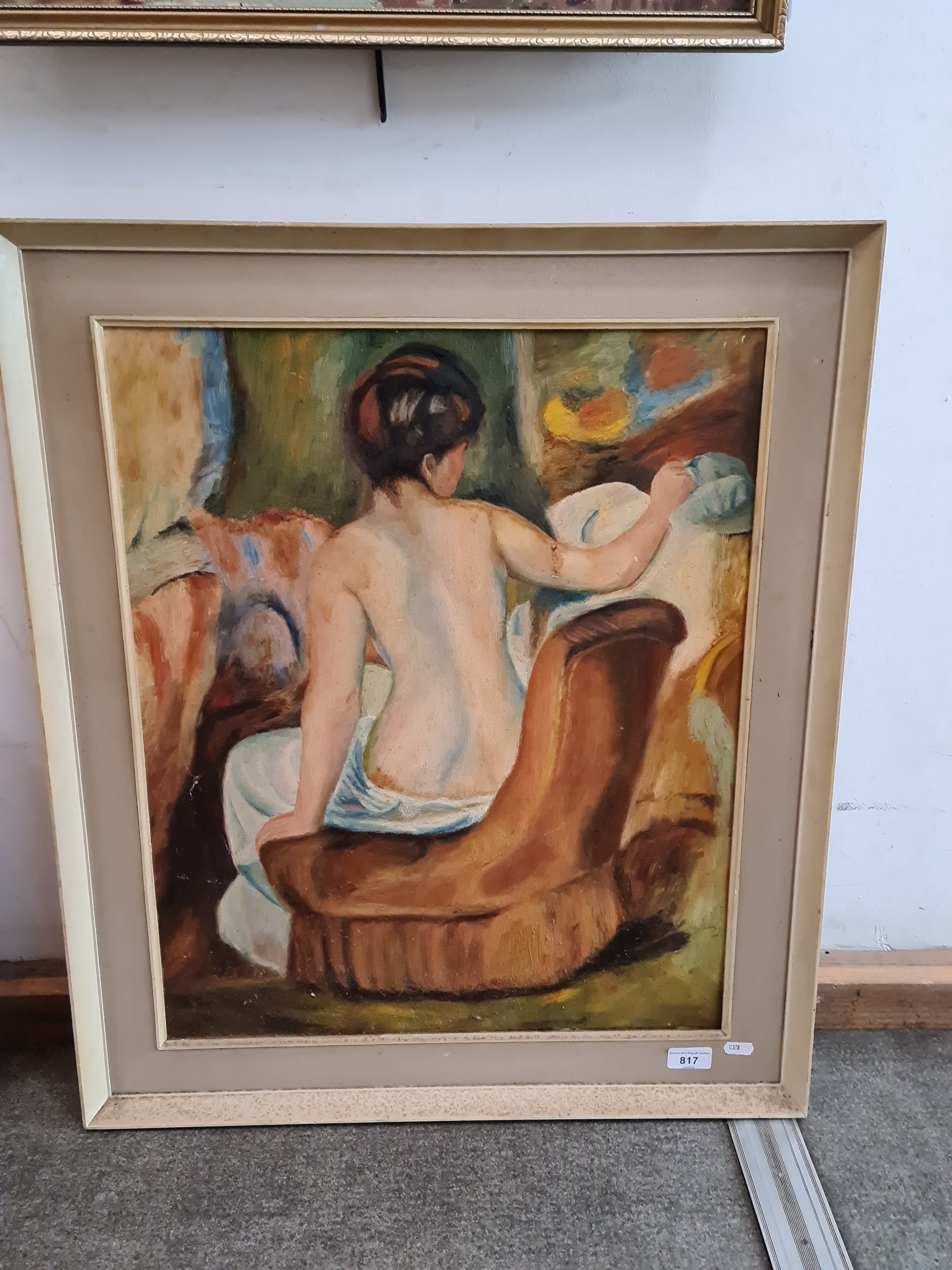 After Renoir, P Quinn, oil on board, nude in armchair, 48cm x 58cm, framed.