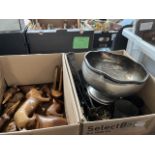A box of treen and a box of metalware to include plated, brass, etc.