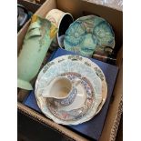 A box of mixed ceramics to include a Wade Heath pottery cake stand, Bretby, England art pottery