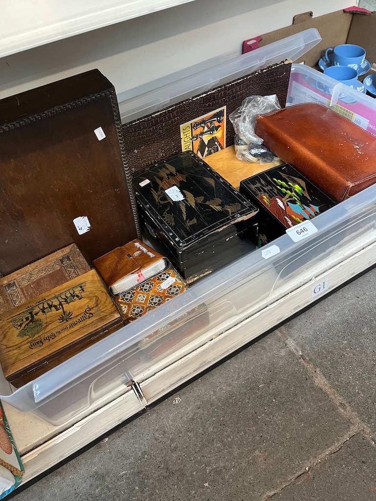 A box of various wooden boxes, gents grooming kit, chess board and pieces etc