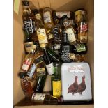A box of miniatures to include whisky, brandy, rum, etc.