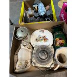 Two boxes of mixed pottery and collectables including biscuit jars, animal figures, Toby jug etc.