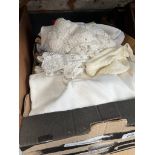 A box of linen and crochet wares etc