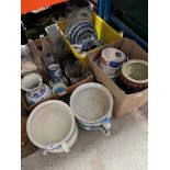 A box of blue and white ware, a box of mixed vases, a box of plant pots and four ceramic potties.