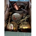 A box of metalware to include brass jam pan