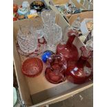 Glassware inc. two cranberry glass decanters