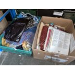 A box of sewing / crochet patterns and a box of material, etc.