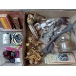 A boxed of mixed collectables including cherubs, antlers, jewellery boxes, copper kettle, harmonicas