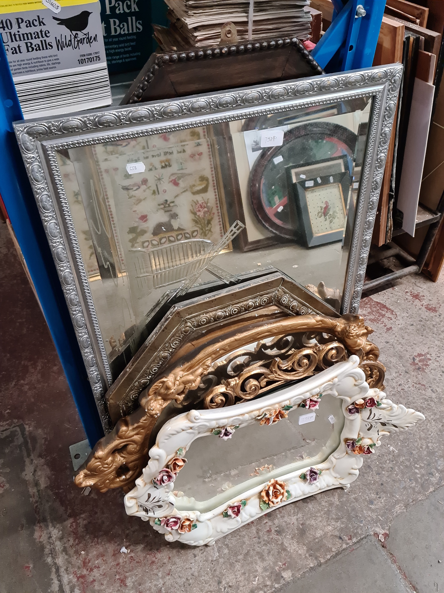 6 vintage mirror including ceramic framed, etched glass and gilt framed examples.