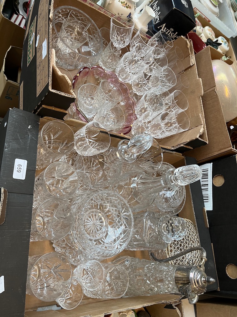 Two boxes of glassware to include drinking glasses, bowls, decanters, rose bowls, claret jug etc