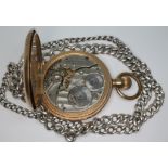 A Waltham Giant gold plated full hunter pocket watch and a silver Albert chain, length 56cm, wt.