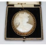 An early 20th century shell cameo brooch, carved in relief depicting a classical bust in side