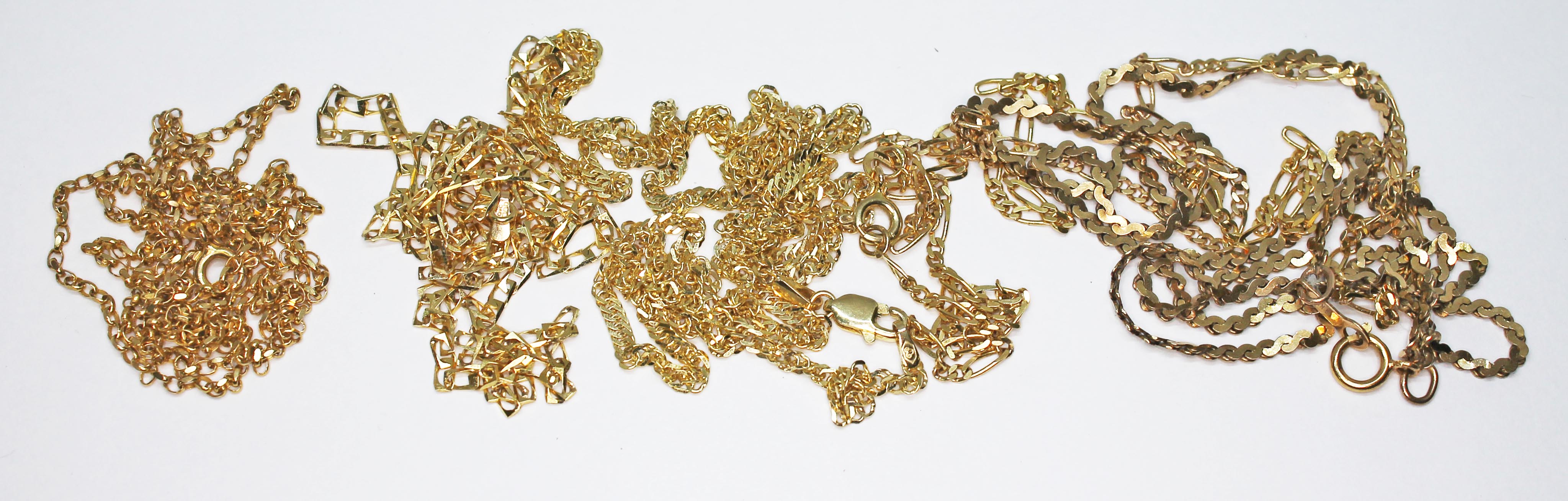 A group of five assorted 9ct gold chains, all with 9ct gold import marks, lengths 46cm to 58cm,
