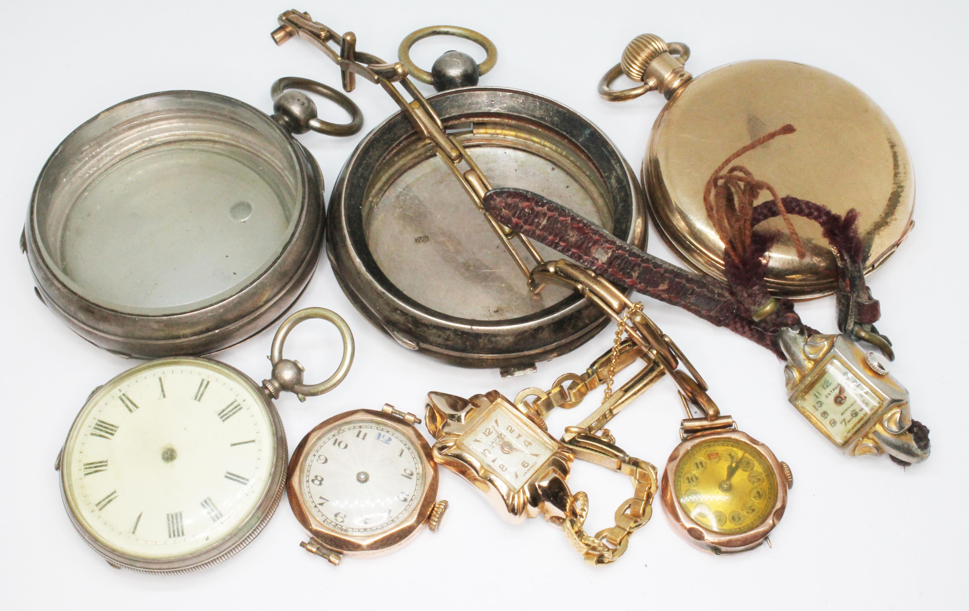 Assorted watches comprising two hallmarked silver pocket watch cases, a gold plated full hunter, a