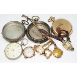Assorted watches comprising two hallmarked silver pocket watch cases, a gold plated full hunter, a