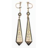 A pair of Victorian pique inlaid tortoiseshell and yellow metal drop earrings of obelisk form, screw