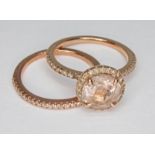 A morganite and diamond cluster ring and a matching band, both marked '14K', gross wt. 3g, size F.