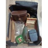 A box of mixed collectables including binoculars, vintage Castrol oil jug, cut crystal vase, OS