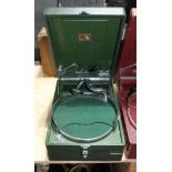 A HMV 102 gramophone in green with no. 16 sound box and record holder.