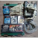 A box of vintage Star Wars toys to include a scout walker vehicle, an imperial Troop transporter, an