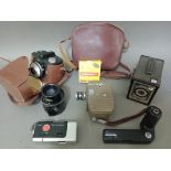 A box of assorted cameras and accessories to include a Sankyo 8-s cine cam, an Agfa clack ana a