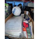 A box of sporting memorabilia to include signed Bolton Wanderers football