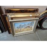 Ship print, glazed and with ornate frame, another ornate frame and 2 other pictures