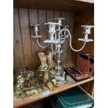 A selection of small brass items together with a plated Candelabra