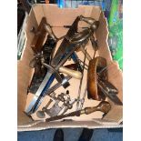 A box of old woodworking and hand tools including Stanley Bailey planes, Marsden Brothers plane,