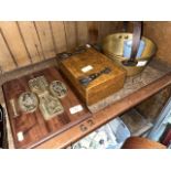 A mixed lot comprising oak writing slope, brass jam pan, a commemorative glass and a millennium