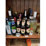 A collection of alcoholic beverages including bottles of beer, spirits etc